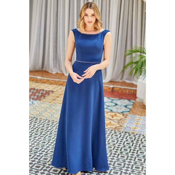 Kenneth Winston Dresses & Skirts - Long Crepe Navy Dress with Beaded Neckline & Waist Size 18
